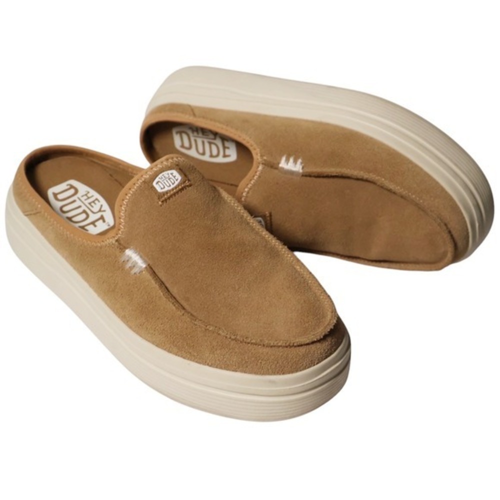 HEY DUDE Austin Lift Classic Tan Suede Platform Mule Slip On Clogs Size 7 - Picture 2 of 13